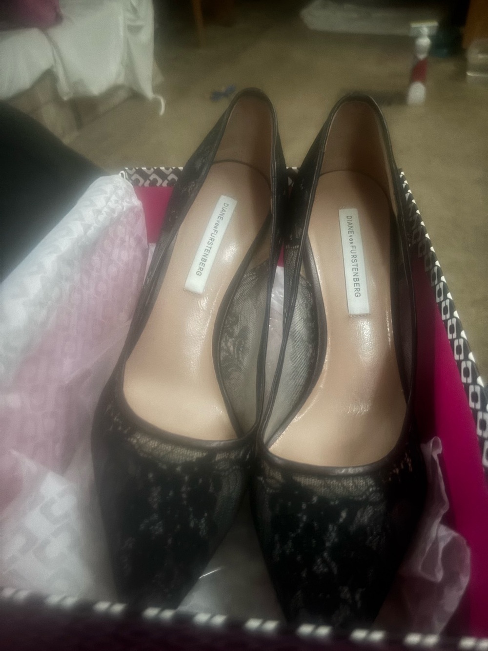 Diane Von Furstenberg Black Lace Pointed Pumps with Leather Insole